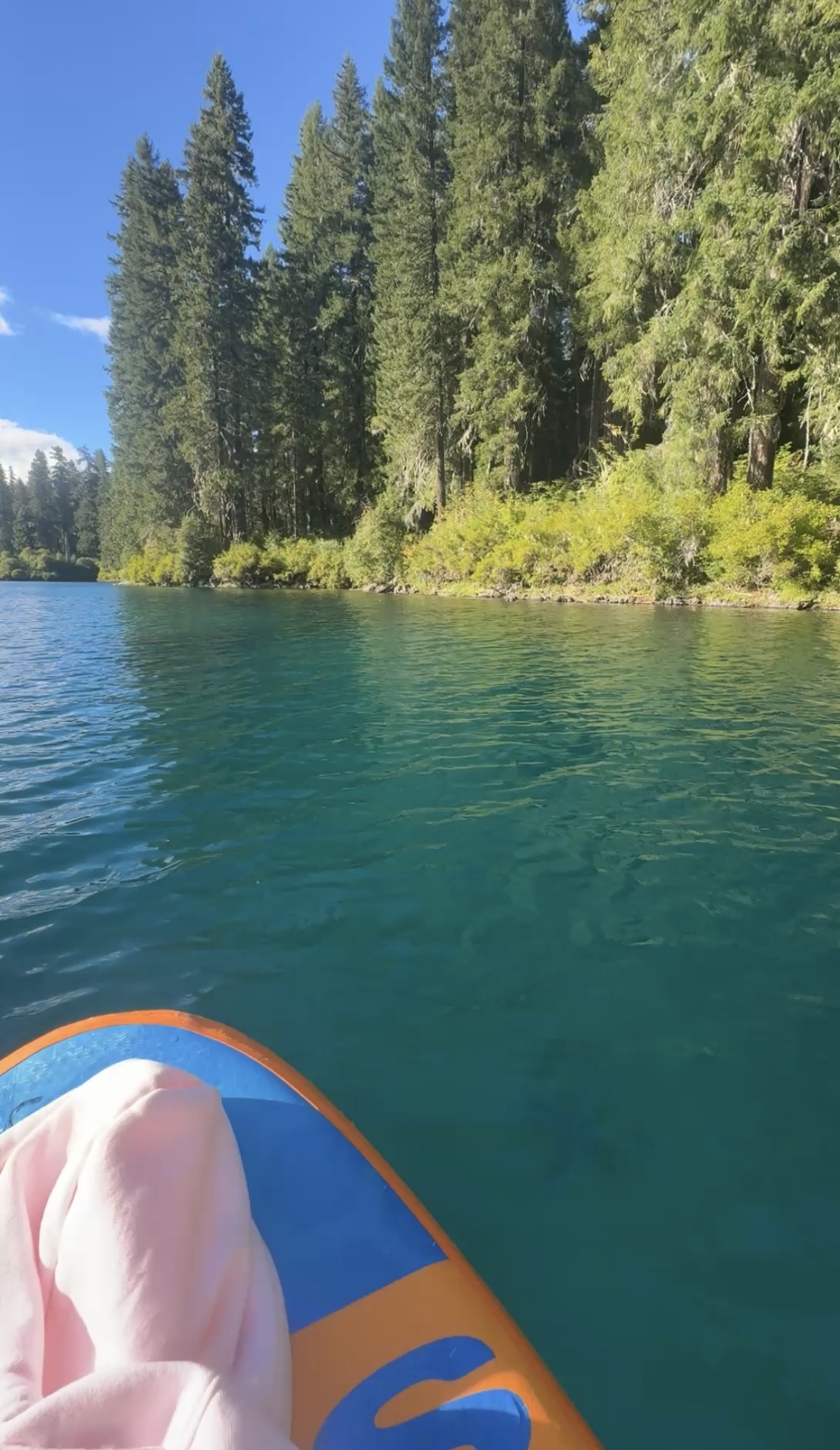 Ranya paddling on turquoise Clear Lake on a sunny day