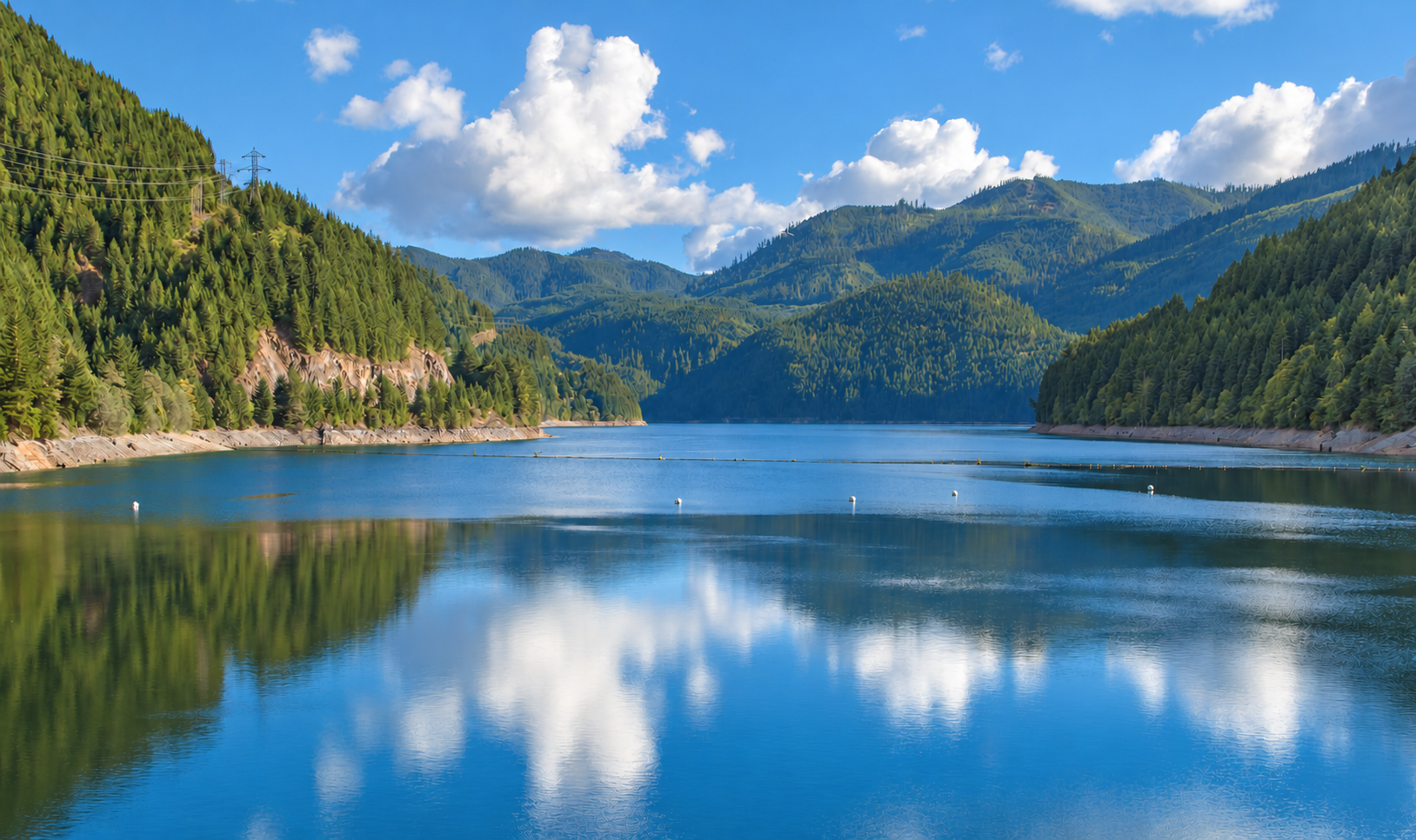 Blue Detroit Lake reflecting forested mountains and a bright summer sky