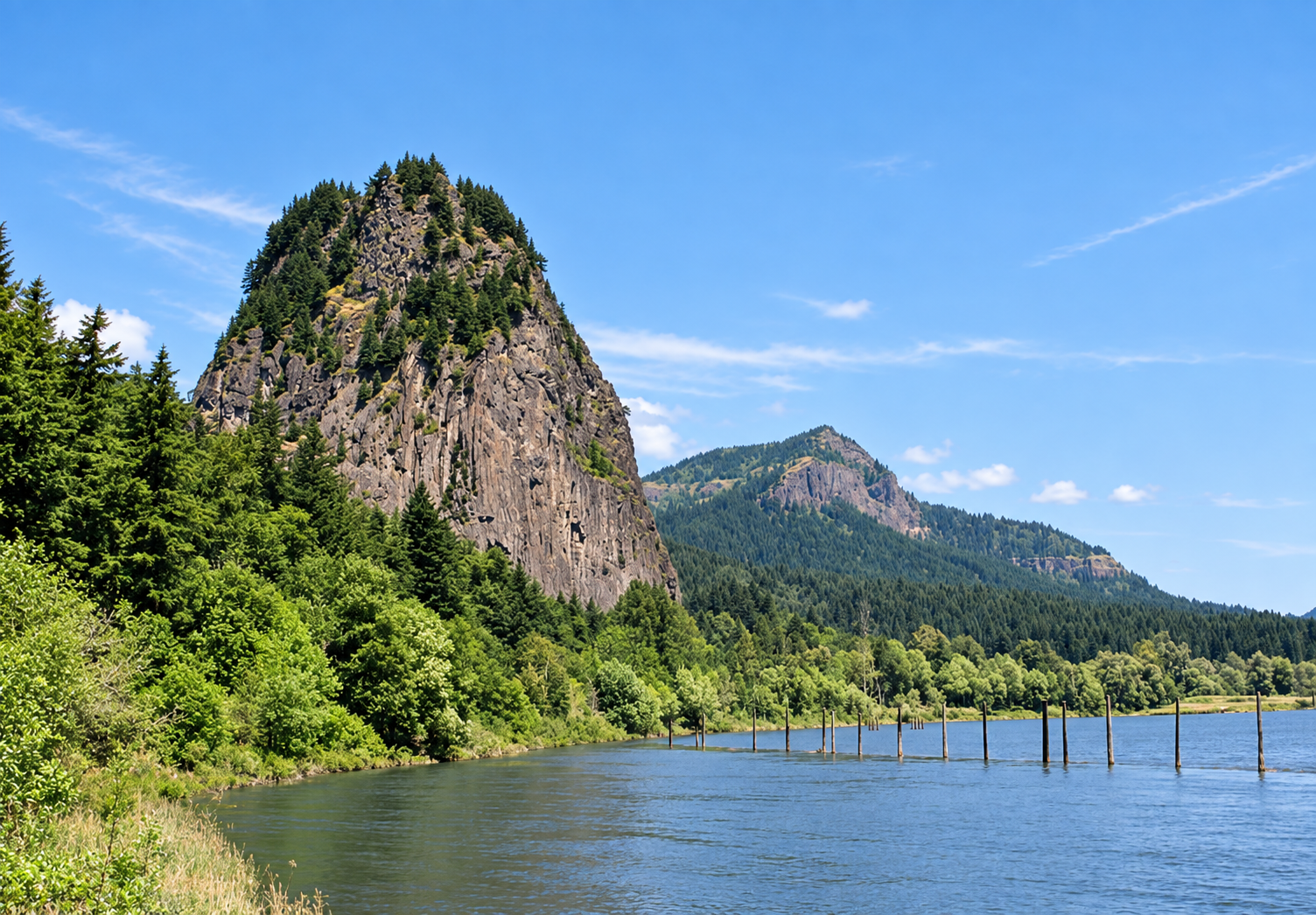 Beacon Rock rising beside the Columbia River on a clear afternoon
