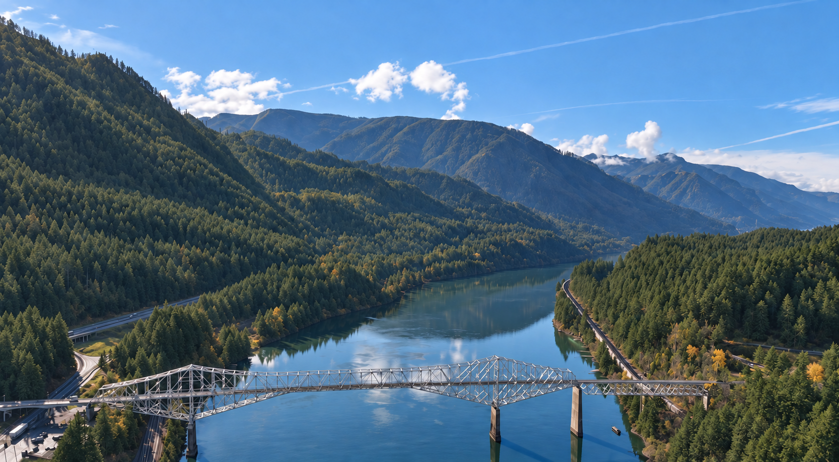 Aerial view of the Bridge of the Gods over the Columbia River on a clear afternoon