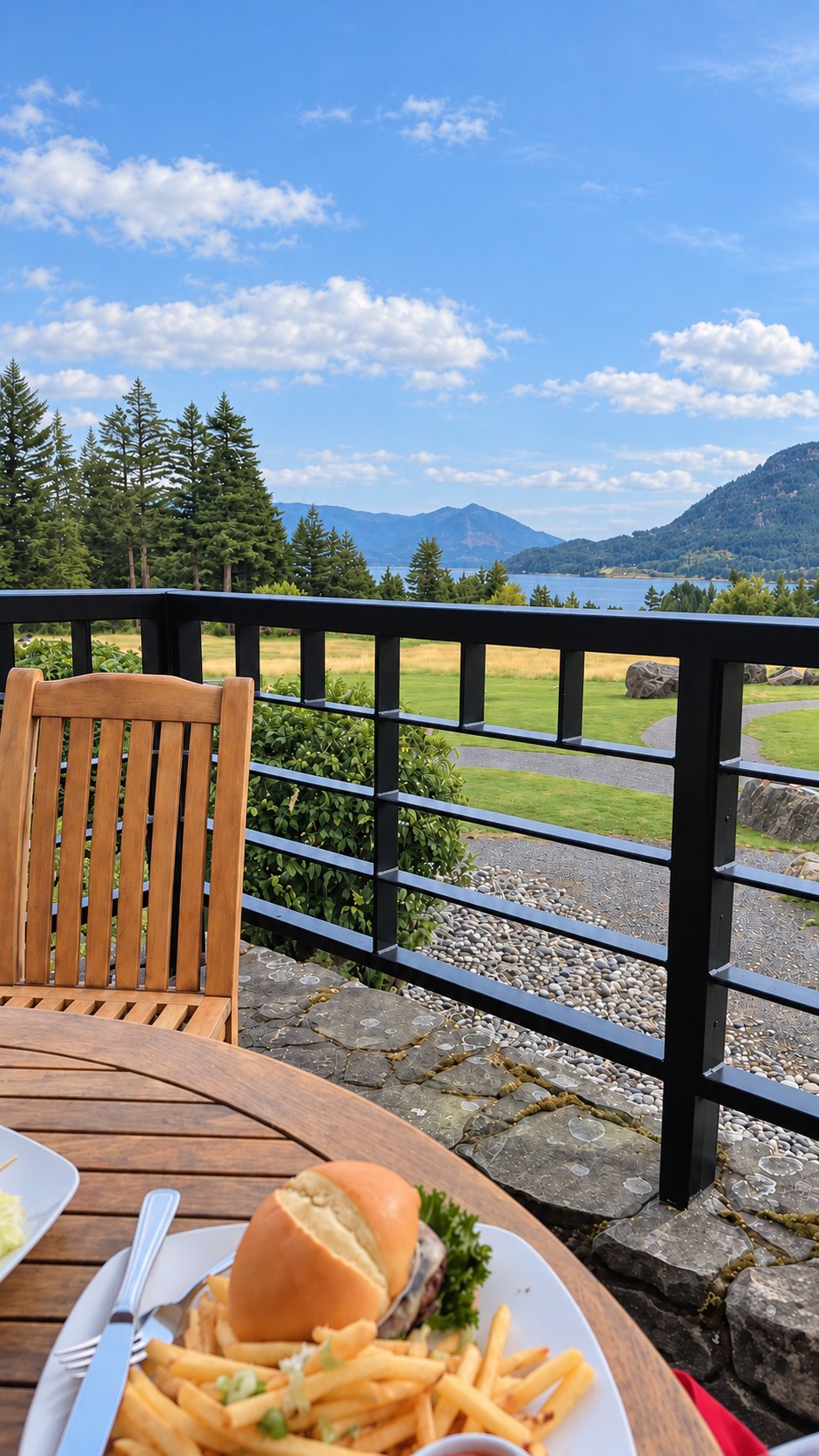 Lunch on the terrace at Skamania Lodge with an afternoon view of the Columbia Gorge