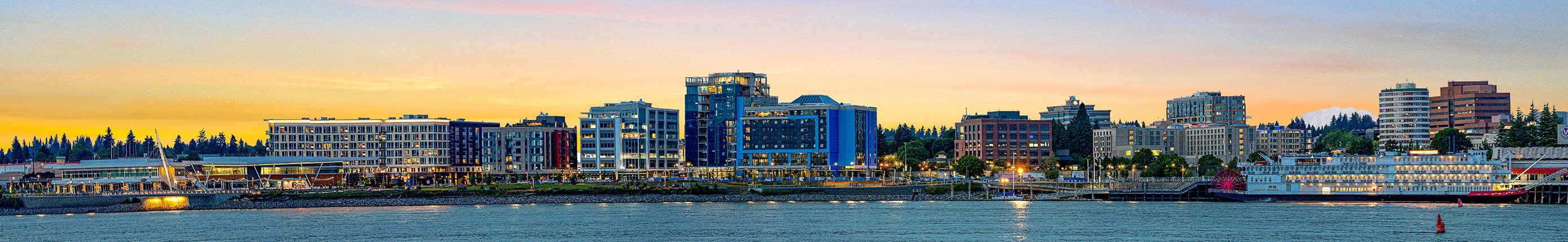 Vancouver, Washington waterfront skyline across the Columbia River at sunset