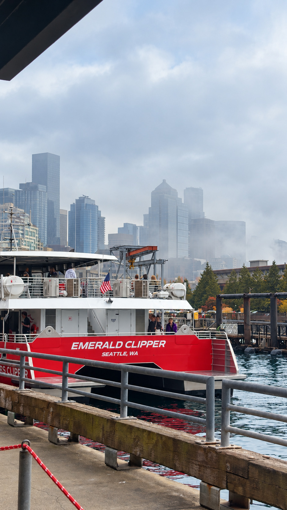 The Emerald Clipper at the Seattle waterfront on a foggy day