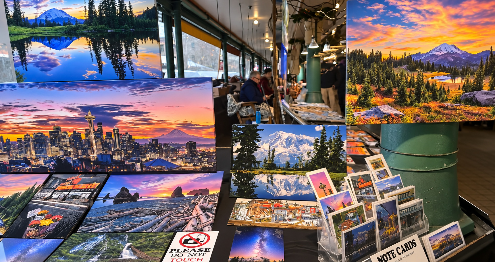 Landscape photography and artwork displayed at Pike Place Market