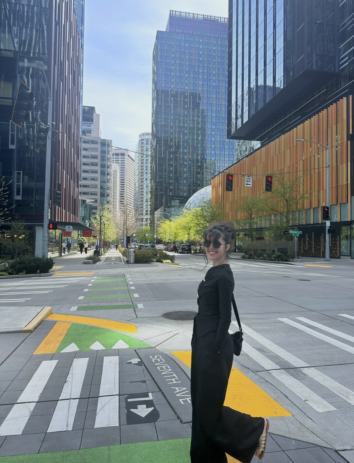 Ranya walking near Amazon headquarters and the Spheres in Seattle
